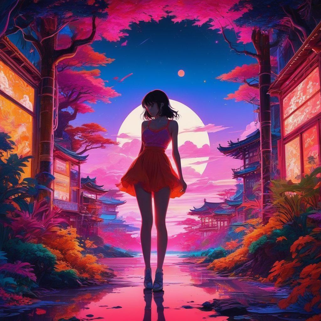 A mesmerizing collage showcasing a vibrant and eye-catching scene from the world of hentai, featuring stylized characters in playful poses, intricate backgrounds with neon colors, and elements of fantasy and seduction. The composition should evoke a sense of allure and adventure, with hints of traditional anime aesthetics intermingled with modern, daring visuals. The overall atmosphere should be captivating and immersive. vibrant colors. anime style. surreal.
