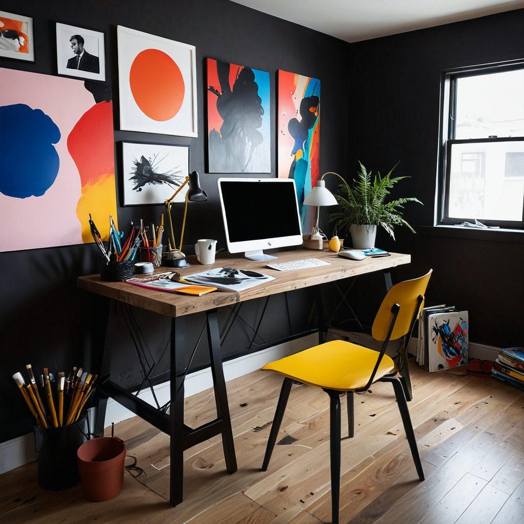 A provocative yet tasteful depiction of an artistic workspace blending traditional and digital art tools, surrounded by vibrant illustrations that showcase the duality of eroticism and creativity. Include abstract elements symbolizing boundaries and exploration, with a subtle play of light and shadow. The background should reflect a modern, edgy vibe, hinting at the intersection of art and adult themes. The overall tone should be bold and intriguing. super-realistic. vibrant colors. contemporary art style.